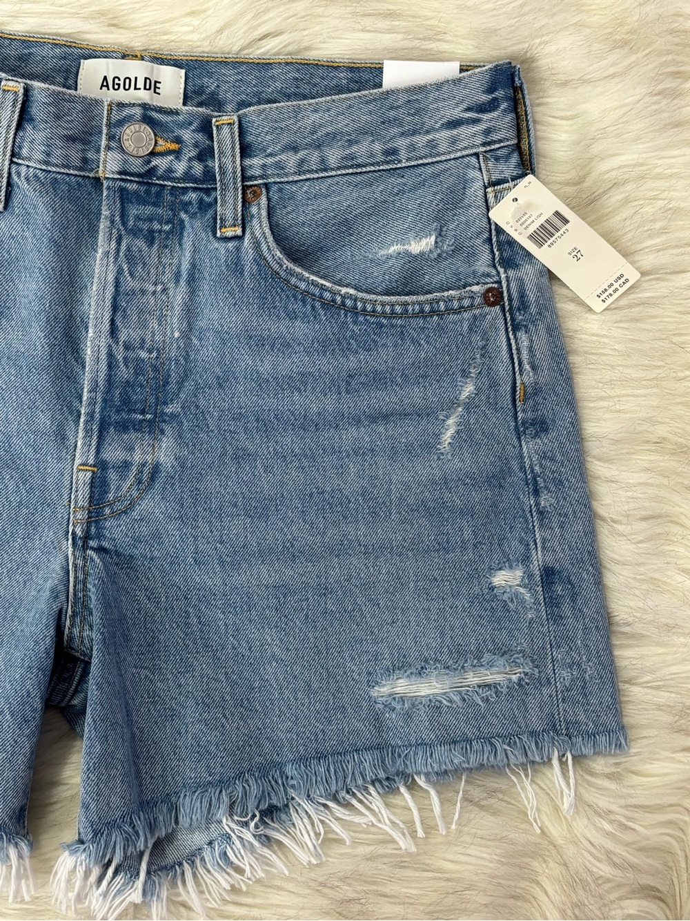 NWT Agolde Parker Long Swapmeet Light Blue Distressed Denim Cutoff Shorts SZ 27 - Picture 12 of 16